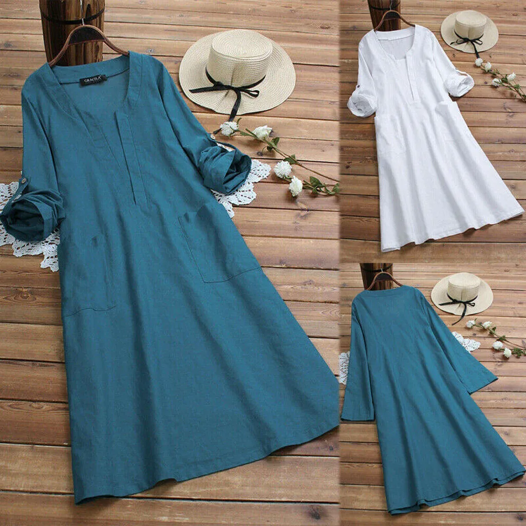 Плиссированные пуговицы vestidos Модные женские повседневные однотонные рукава