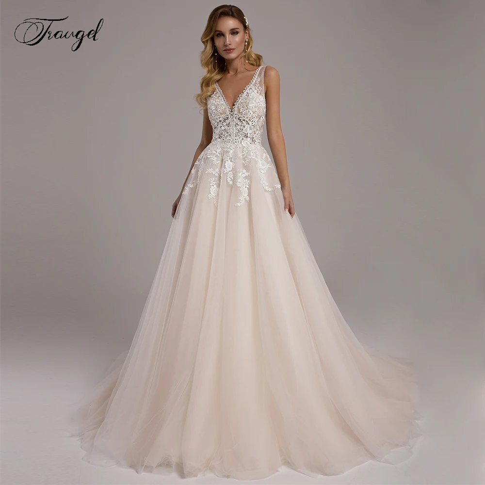 

Traugel Sexy V Neck A Line Beach Lace Wedding Dresses Elegant Vintage Tank Sleeve Backless Bridal Dress Court Train Wedding Gown