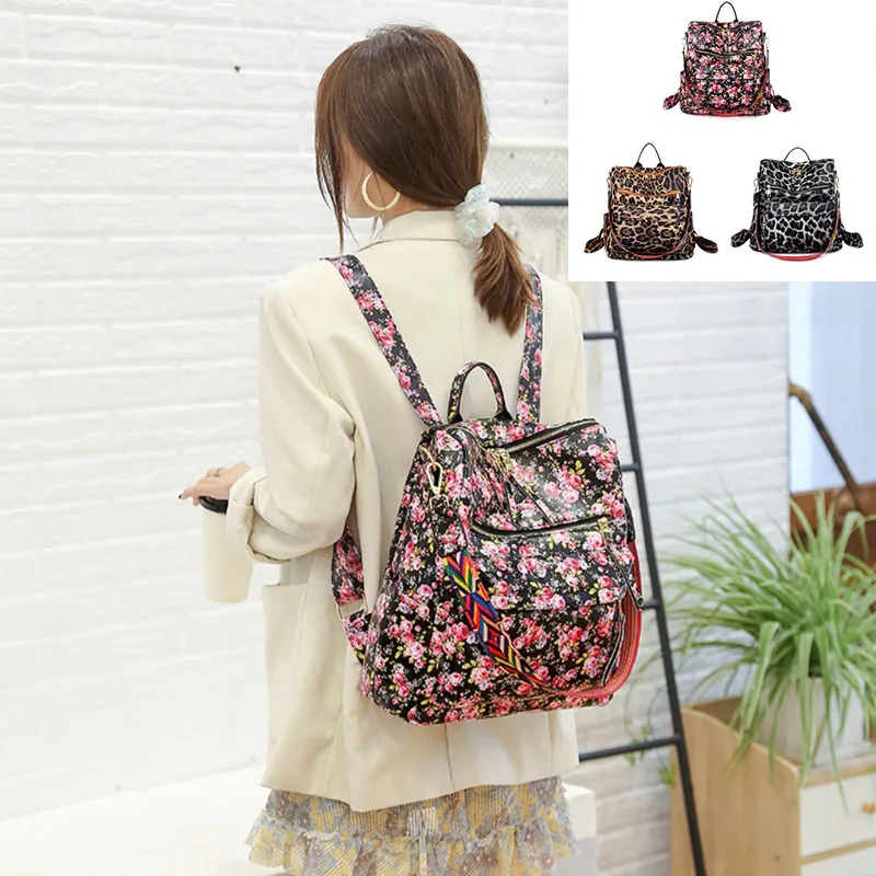 Fashion Leopard Women Backpack Girl Ladies PU Leather Purses Travel Shoulder Bag