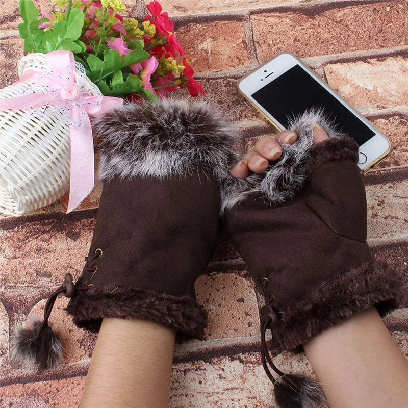 Женские зимние перчатки с искусственным кроличьим мехом из искусственной кожи без пальцев, теплые женские перчатки, женские зимние теплые перчатки