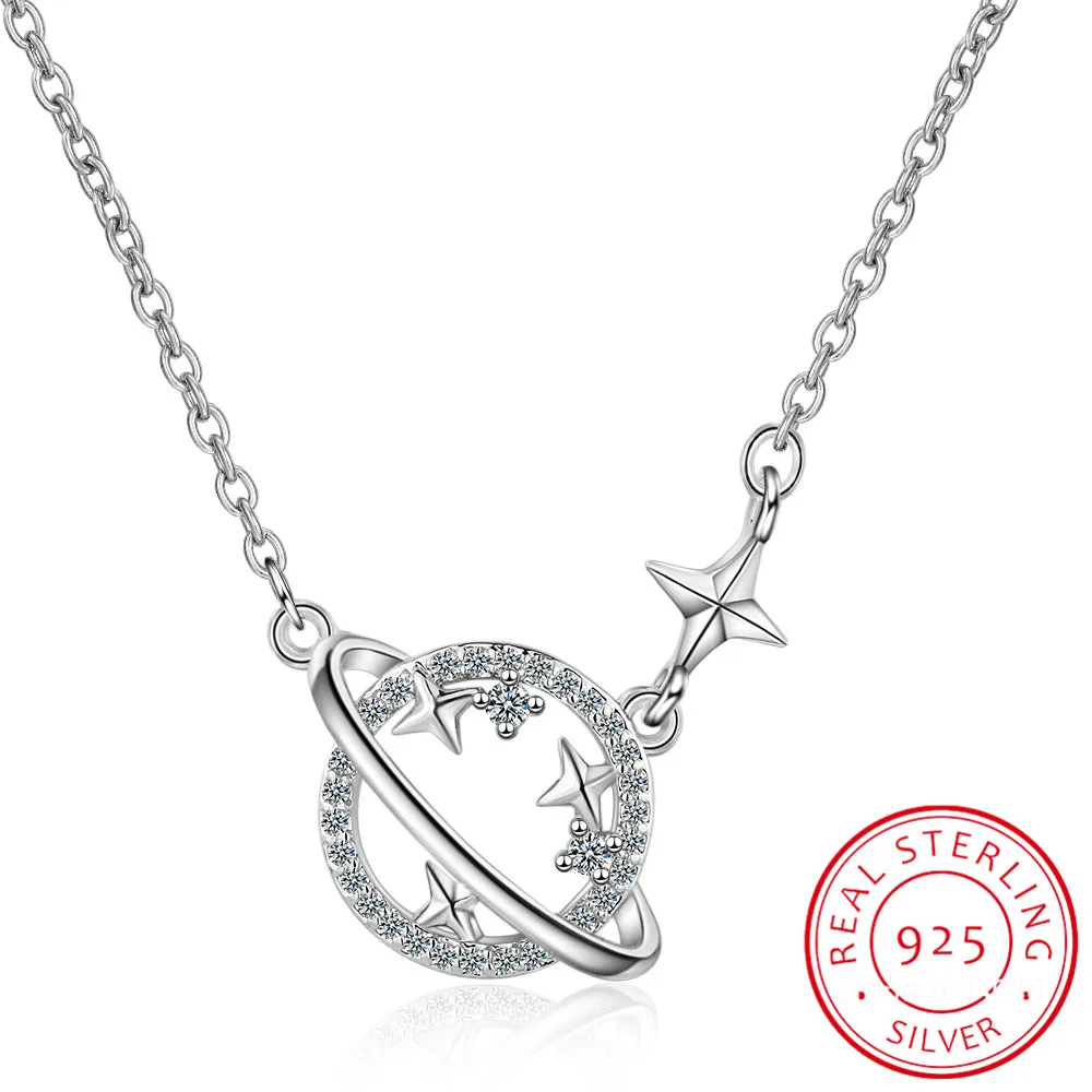 

925 Sterling Silver Women Chain On The Neck Collarbone Necklace For Women Planet Star Zircon Pendant Chain Girl Jewelry Gift