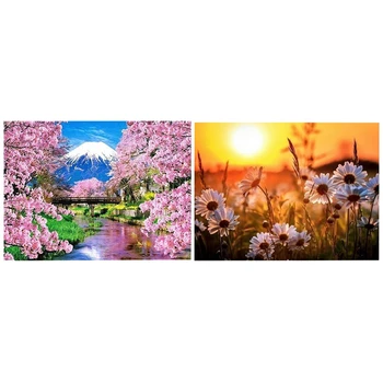 

2 Set Diy Diamond Painting Full Circular Diamond Embroidery Home Decor Gift - Flower and Mountain & Daisy Pattern