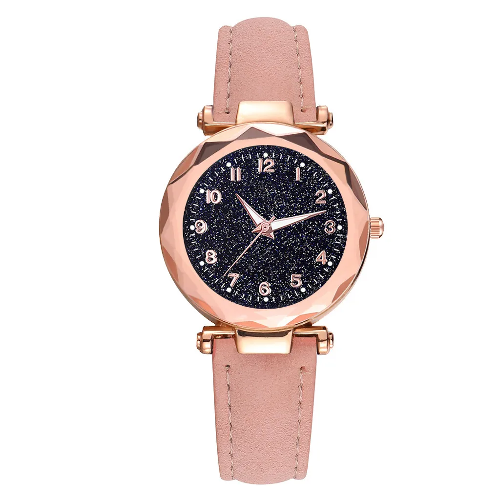 

Brand Women Watches Irregular Starry Sky Dial Ladies Analog Quartz Wristwatch Soild Color Leather Strap Clock Kol Saati 533