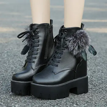 

Size 35-38 Nice New Increase Heel Women Ankle Boots Autumn Western Zipper Shoes Woman Mature Female Fur Ball Vintage Rain Boot