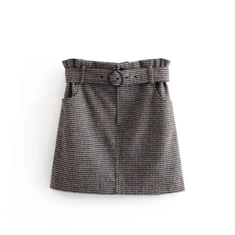 women plaid pattern mini tweed skirts 2020 summer autumn faldas mujer with belt sexy female elgant fashion short skirt ladies | Женская