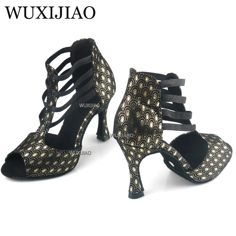 

WUXIJIAO Shining Latin Dance Shoes Women Salas Ballroom Dance Shoes Pearl High Heel 9cm Waltz Software Shoes Selling Hot