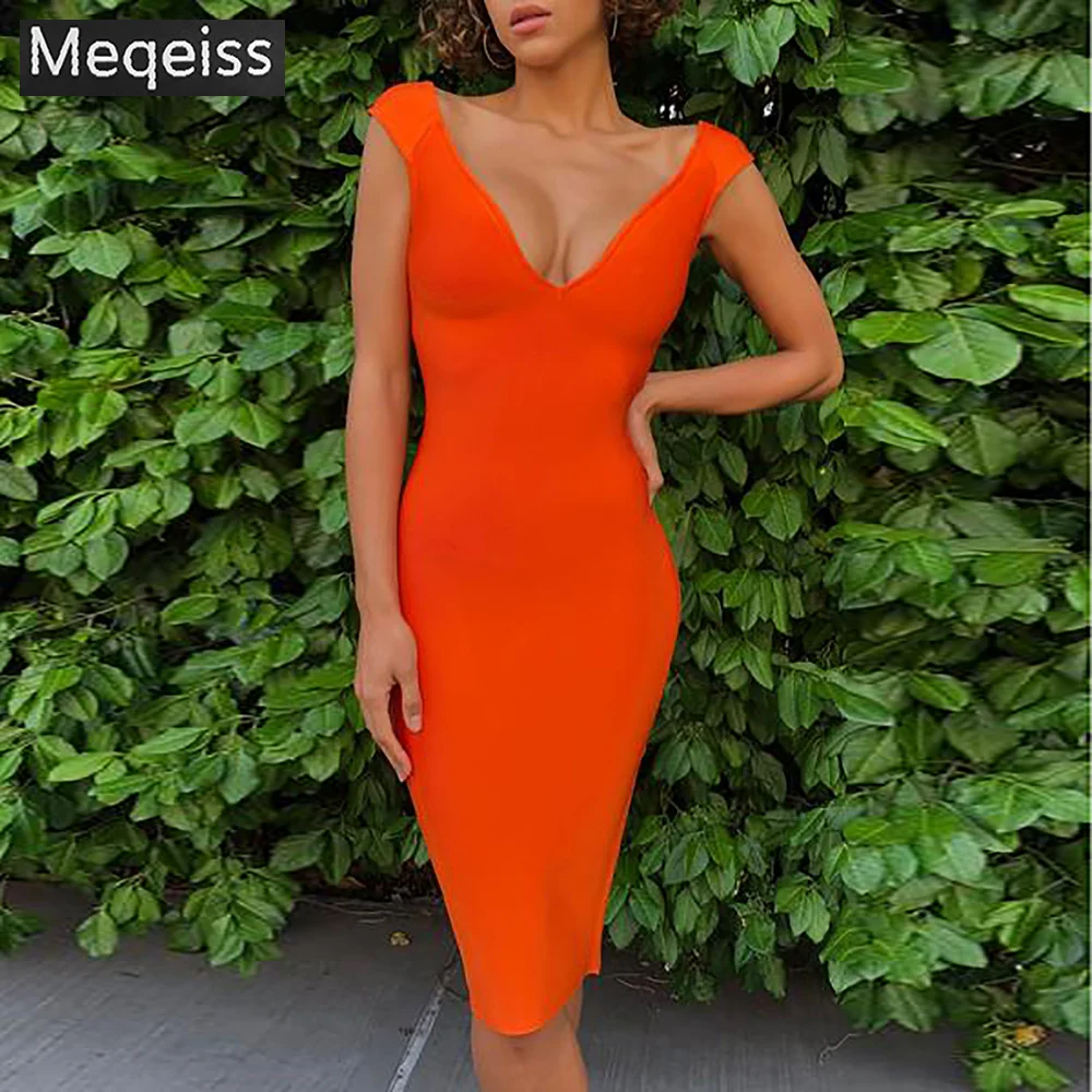 MEQEISS Новое Бандажное платье, поступление, летнее женское облегающее платье с глубоким v-образным вырезом, Сексуальные клубные вечерние оранжевые бандажные платья миди из вискозы