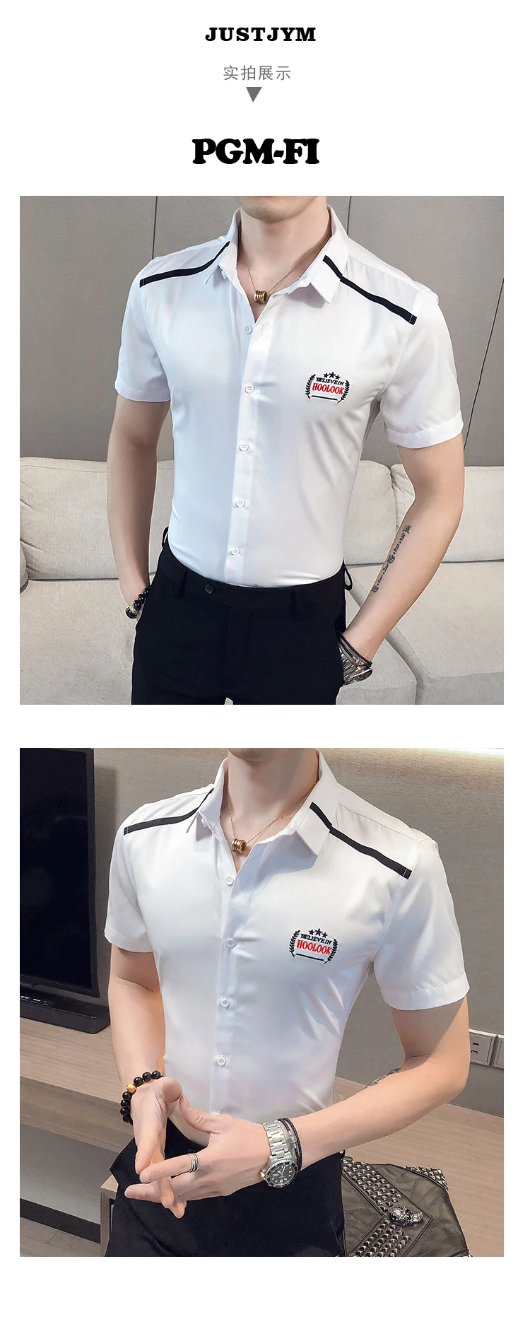 Description Picture 3 of itemMen Shirt Casual Solid Youth Short-sleeved Slim Shirt Student Formal Business Shirts Club Party Prom Tuxedo Clothing 2020 Summer
