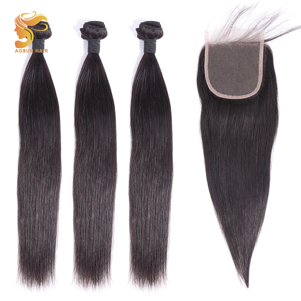 

AOSUN HAIR Remy Straight Hair Bundles With Closure Brazilian Hair Weave Bundles With Closure 100% Human Hair Bundle With Closure