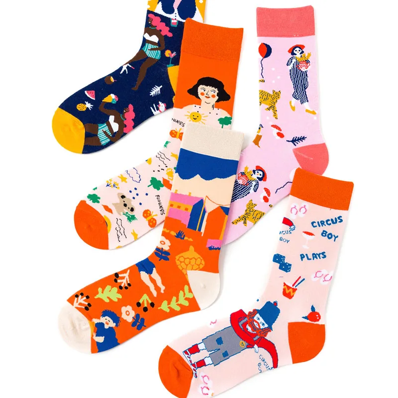 New Happy Mens Socks Women Cartoon Girls Print Combed Cotton Funny Crew Sock Skateboard Cycling Running Wedding Christmas Gifts