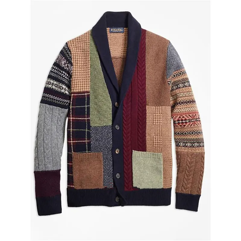 

Knitted Patchwork Winter Jacket Fashion Long Sleeve Single-Breasted Cardigan V-Neck Warm Patchwork Oversize Coat Men Sweater