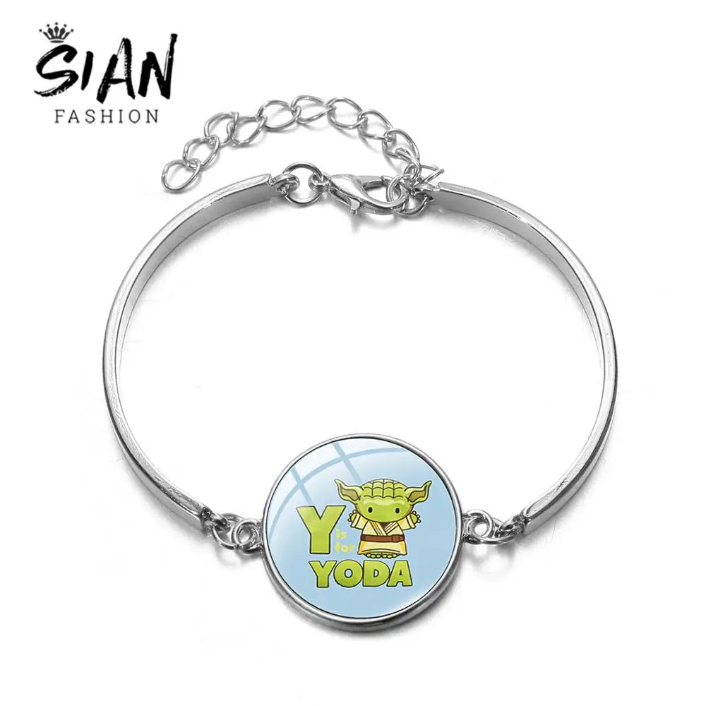 

SIAN Cartoon Baby Yoda Printed Silver Bracelet Hot Movie Souvenir Glass Dome Adjustable Bangle for Unisex Fans Collection Gifts