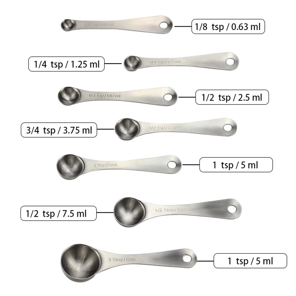 7 Pcs Easy Clean Ergonomic Kitchen Stainless Steel Measuring Spoon Accurate Non Toxic With Scale Corrosion Resistant Portable