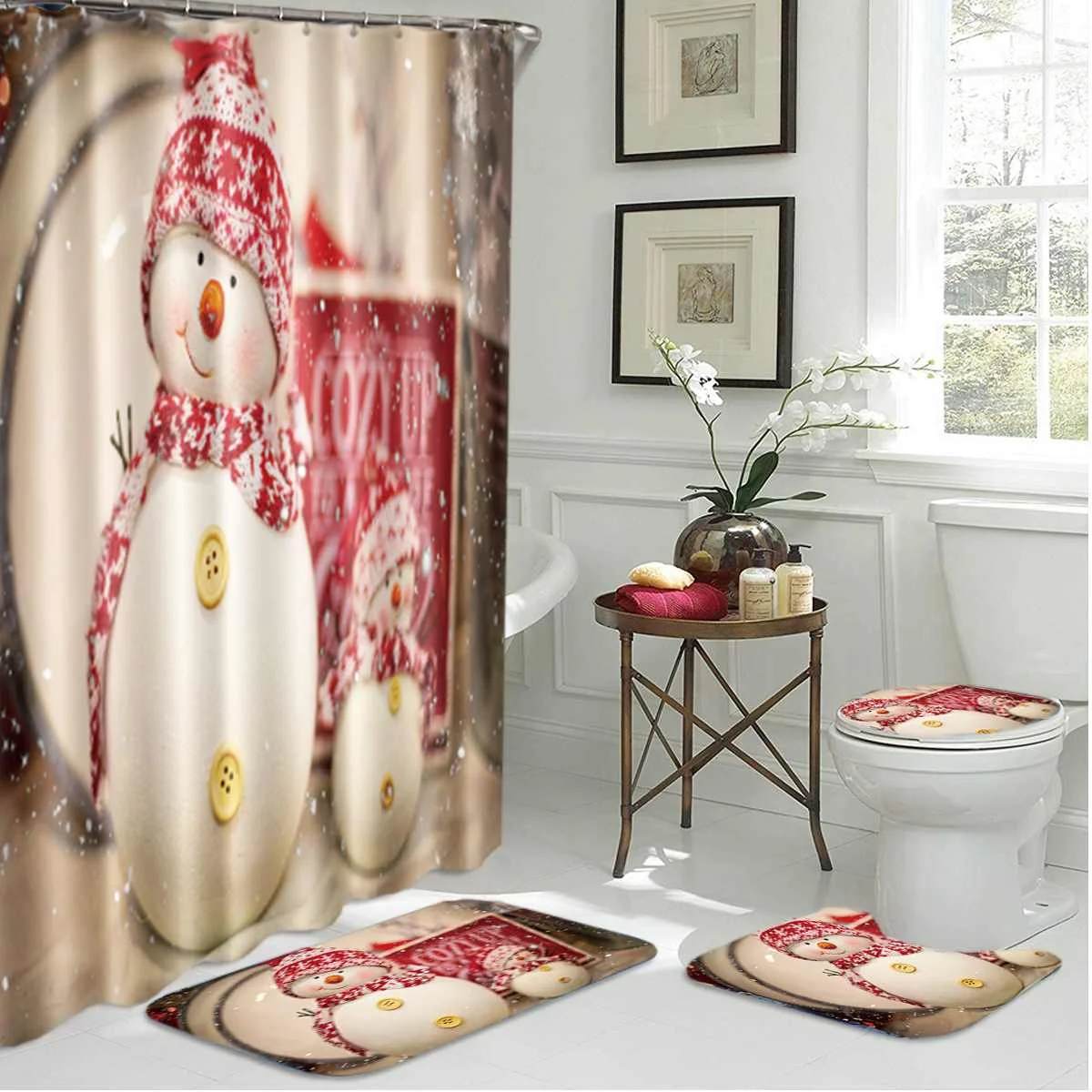 

Carpet bathroom mats Christmas decoration bathroom mats and shower curtain set 4PCS PVC toilet toilet cover home decoratio