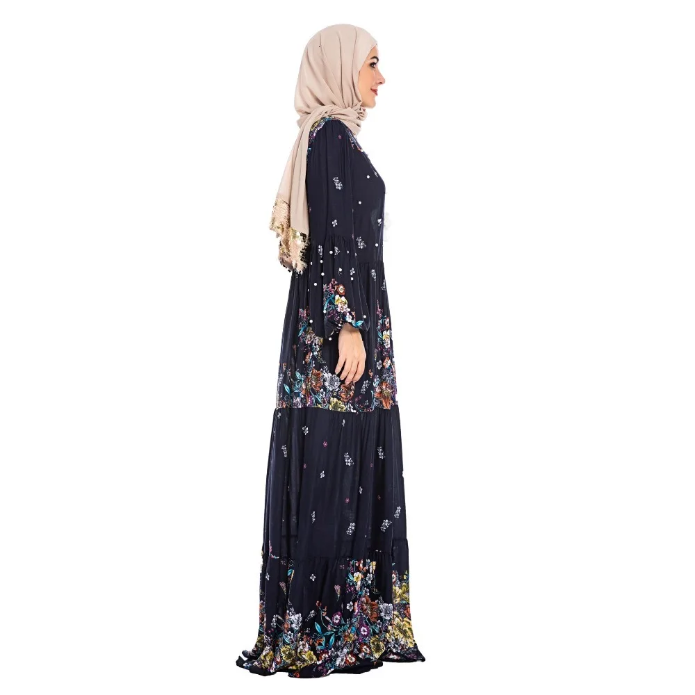 Элегантные мусульманский цветочный принт Абаи Maxi Dress Vestidos с длинными халаты кимоно Рамадан ИД Исламской сайт Tesettur Elbise ноги Услуги