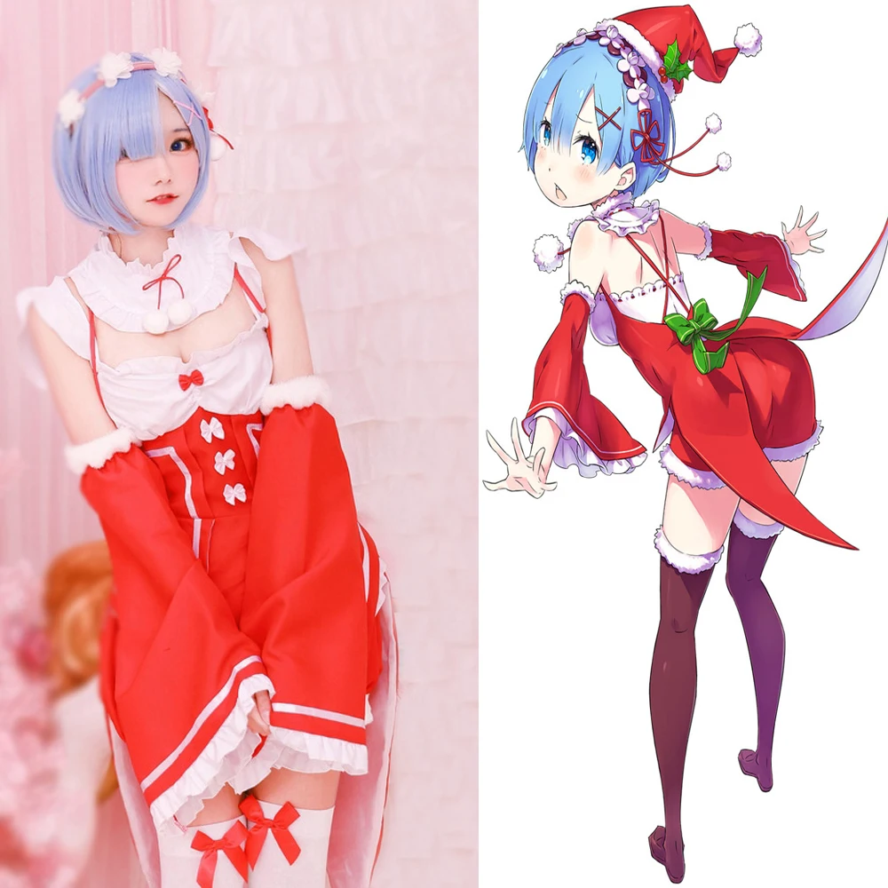 Re:Life in a different world from zero Red Christmas Xmas Cosplay Costume Lolita Rem Ram Women Maid dress Socks Wig Hairband |