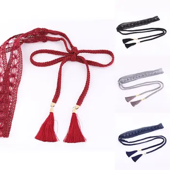 

Vintage Dress Tassel Decoration Waist Chain Waist Rope Bow Tie Knot Women Belt Lace Hollow Weaving Belt Thin Knitted Belt