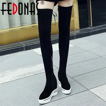 

FEDONAS 2020 Winter Platform Boots Warm Flock Women Over The Knee High Boots Party Night Club Shoes Woman Wedges Long Boots