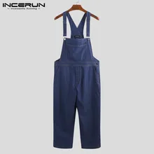 INCERUN Fashion Men Denim Jumpsuits Joggers Casual Solid Rompers Strap Suspenders Streetwear Trousers Cowboy Men Overalls S-5XL