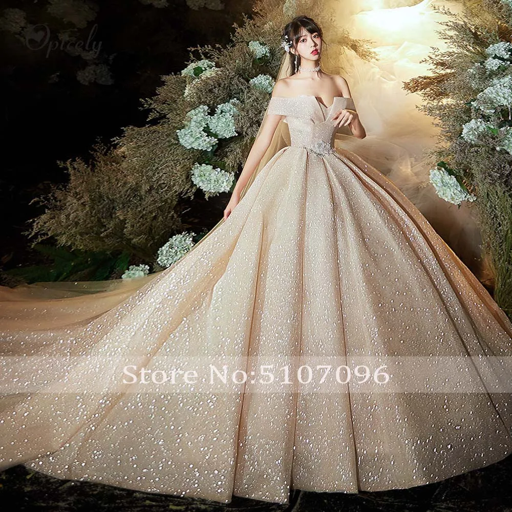 Optcely Robe De Mariee роскошное бальное платье шампанского с открытой спиной и открытыми плечами Свадебные платья качественное блестящее платье невесты