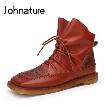 

Johnature Retro Lace-up Platform Boots Genuine Leather Women Shoes 2020 New Winter Flat With Round Toe Floral Sewing Ankle Boots