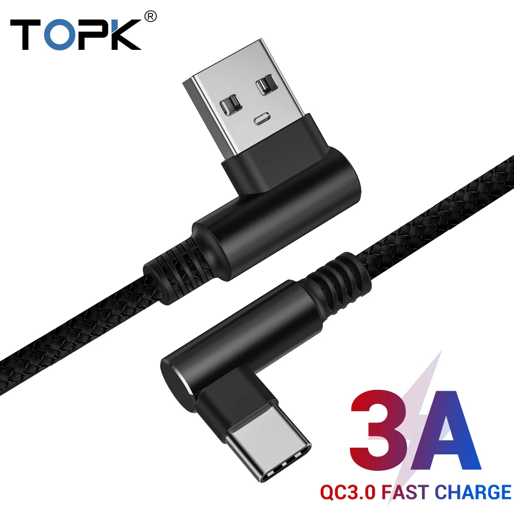 Купить TOPK 90 градусов USB кабель Быстрая зарядка usb type C 3A l-образный type-C для передачи данных | Кабели для мобильных телефонов (4000187625075)