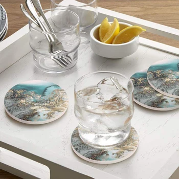 

4pcs Round Drink Coasters Absorbent Heat Placemat Stone Coaster Set with Cork Base Ceramic Coffee Tea Cup Coasters for Mugs Cups