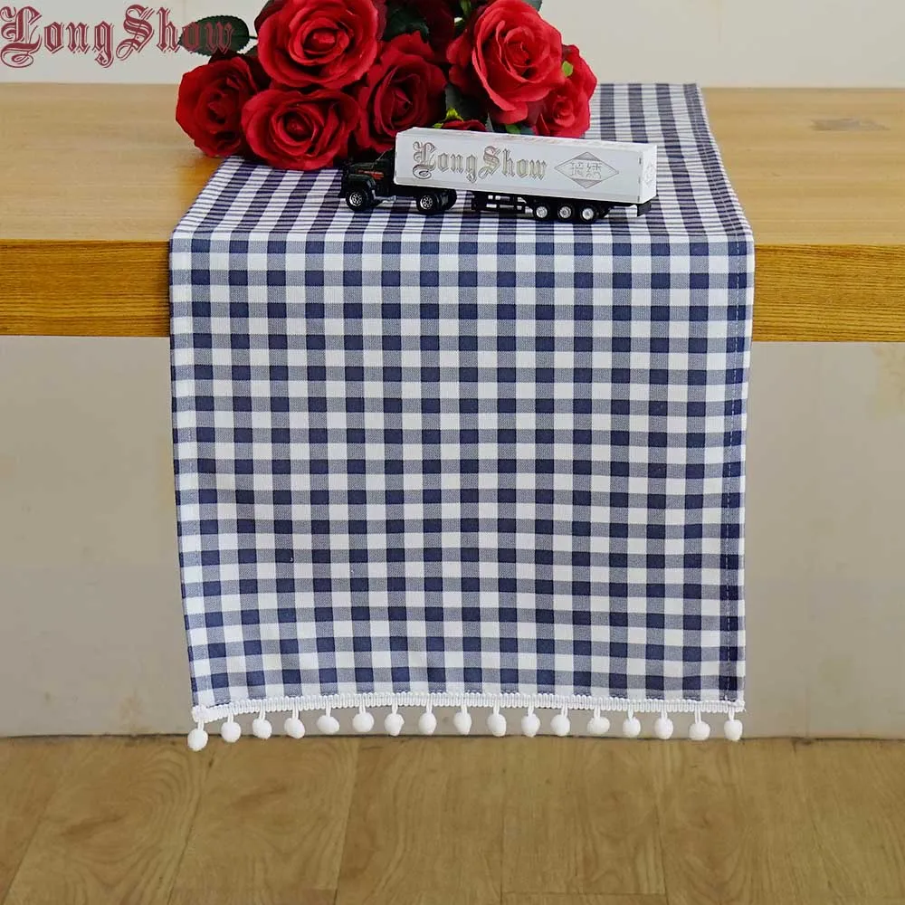 navy plaid Темно-синий небольшой плед современный стиль геометрический узор настольная дорожка с декоративной прекрасный коса мяч кружева - Цвет: navy plaid