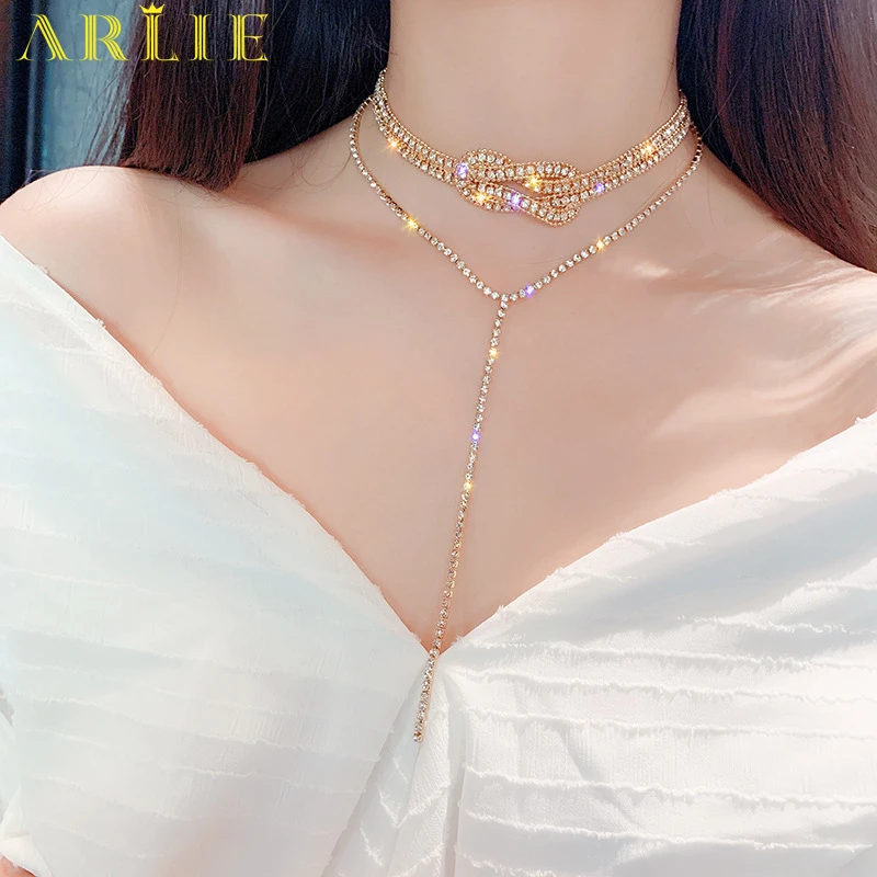 

ARLIE Gold Color Button Full Rhinestone Choker Necklaces for Women 2020 Bijoux Long Crystal Pendant Necklace Statement Jewelry