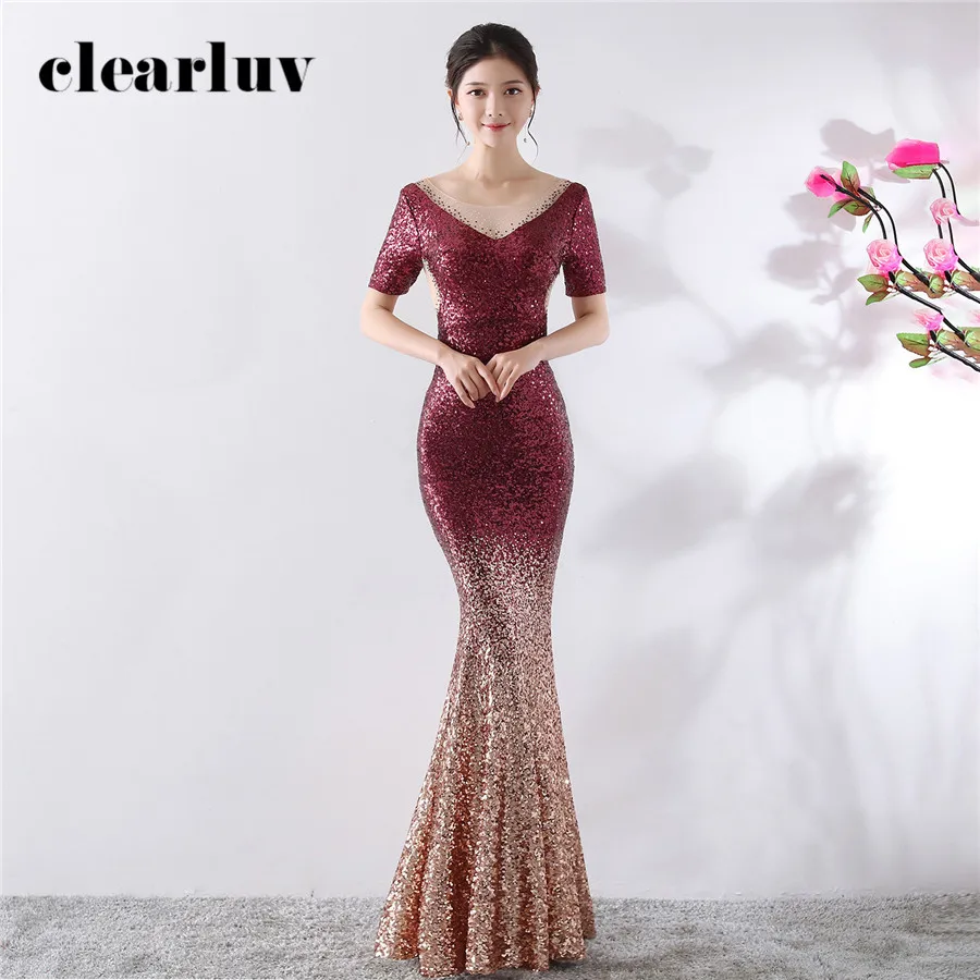 

Evening Dress Sequins Elegant Formal Dress DX370-1 Sexy Plus Size Short Sleeve Prom Gown Long Crystal See-Through Mermaid Dress