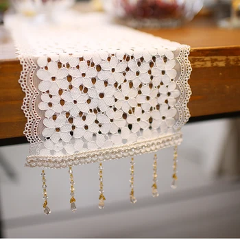 

DUNXDECO Table Runner White Lace Table Cloth Nordic Country Style Party Wedding Decoration Fabric Cover
