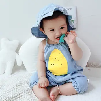 

Summer Baby Suspender Pants Hat Children Denim Fruit Print Sleeveless Overalls Trousers Hot Style