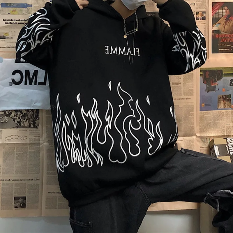 Sudadera con capucha y estampado de llama para hombre, ropa de calle coreana, estilo Harajuku, de talla grande, para invierno
