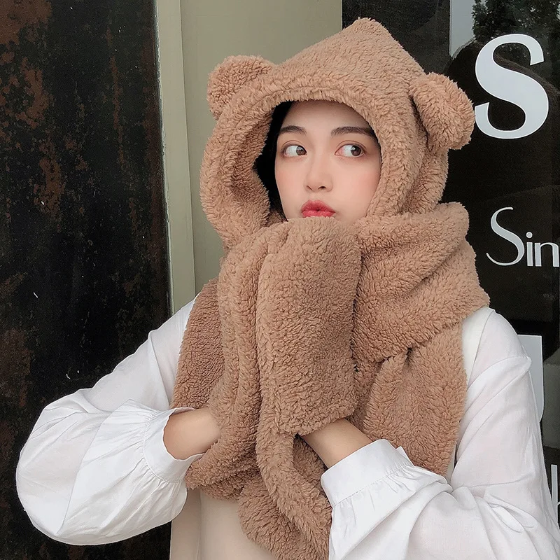 

Autumn and WinterCute Bear Ears Warm Hat Scarf Women Girls Winter Hat Gloves Warm Scarf Hat Durable