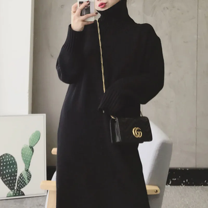 CBAFU korea loose sweater dresses women turtleneck dress long sleeve pullover knitted dress autumn winter knit clothing P542