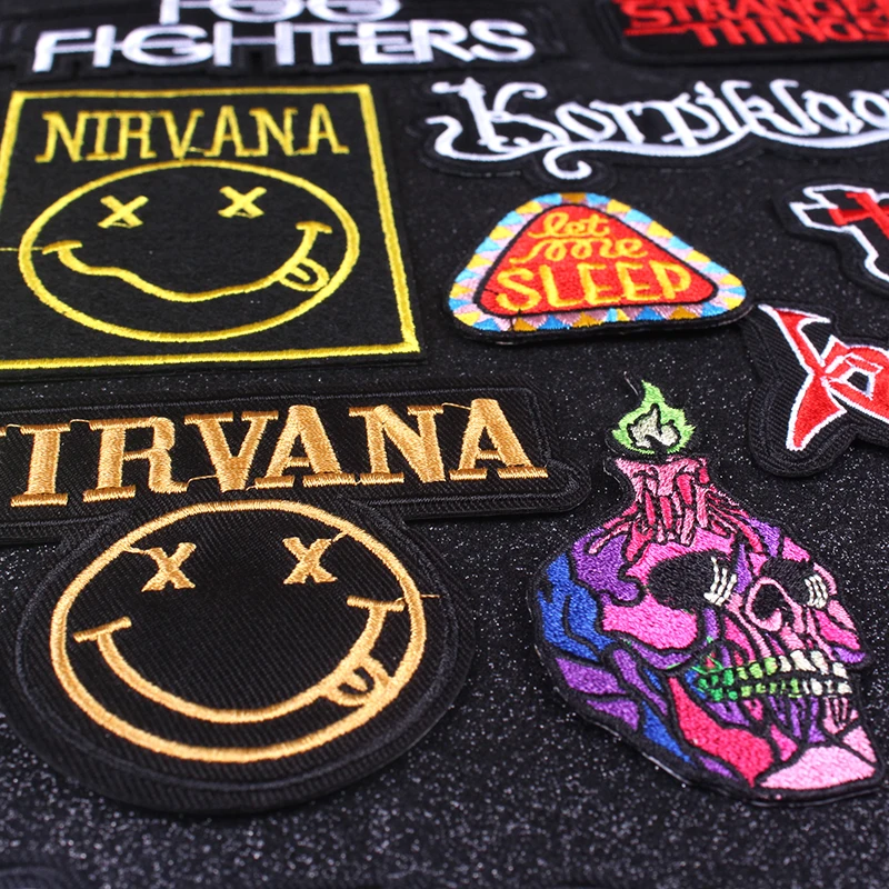 

Pulaqi Nirvana Band Patches Embroidered Iron on Patches for Clothing DIY Hippie Stripe Badge Applique Black Stickers Accessories