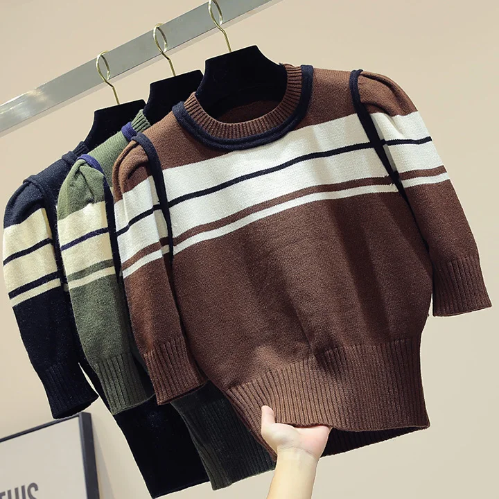Новинка в Корейском стиле colorblock(цветовой блок), прошитая, с короткими рукавами шорты Модный вязаный свитер для женщин