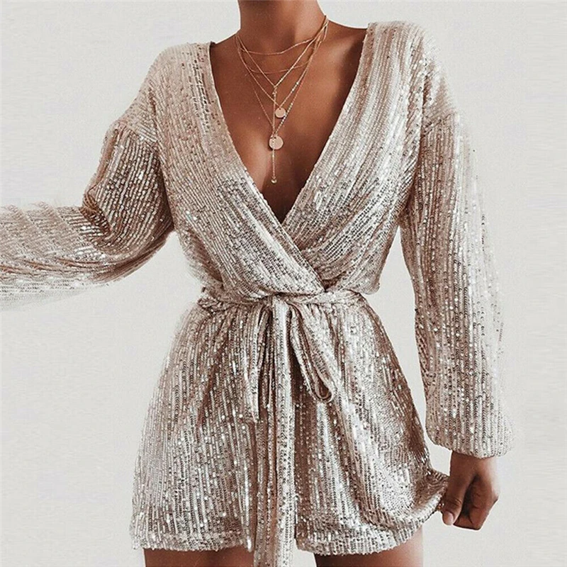 Elegant Party Rompers Female Sexy V-neck Sequins Overalls Casual Long Sleeve Club Short Jumpsuit Women Sexy Mini Playsuit