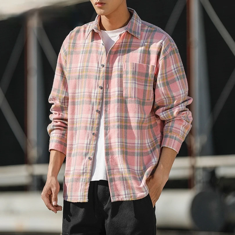 Mens pink plaid flannel shirt Clearance