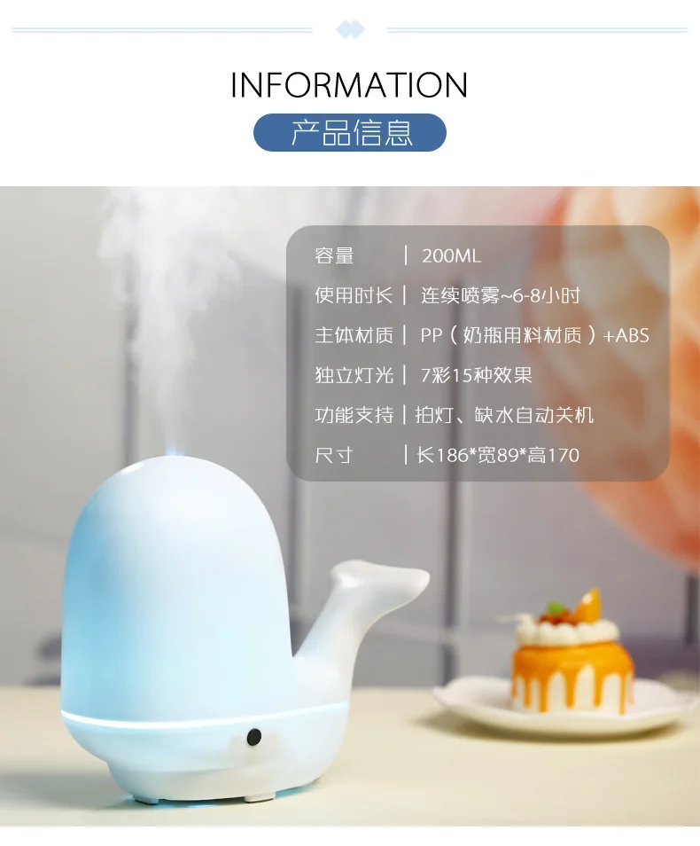 Whale Ultrasonic Cartoon Colorful Pat Night Light for Home& Office Use Customizable New Style Creative Aroma Diffuser