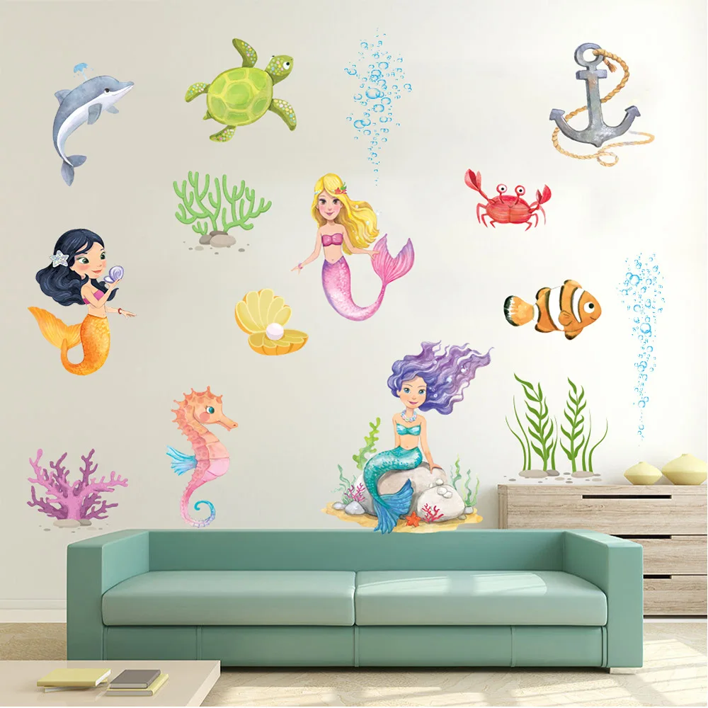 Underwater World Mermaid Coral Mural Living Room Bedroom Children's Decoration Painting wall stickers for kids rooms | Дом и сад