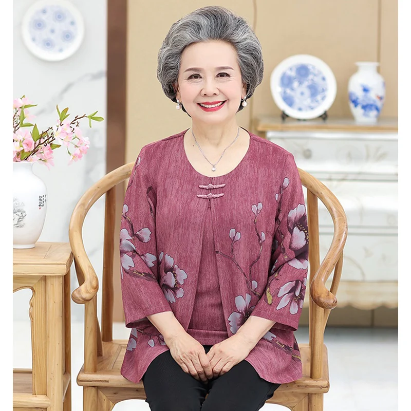 Camiseta de mujer mediana edad y ancianos de 60 70 años, camisa estampada de manga 3/4, blusa, abrigo fino, Tops para mujer 4XL|Blusas y camisas| - AliExpress