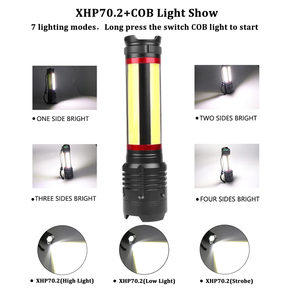 Супер яркий XHP70.2 светодиодный фонарик с 4 светодиодами COB Встроенный 5000 мАч литиевая батарея 7 режимов освещения масштабируемый водонепроницаемый
