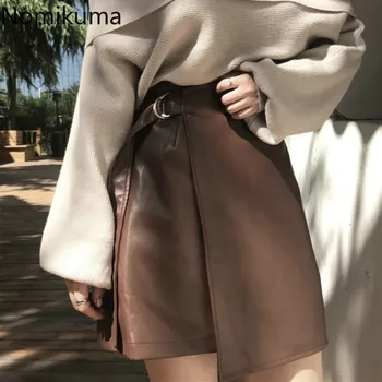 

Nomikuma High Waist PU Leather Skirt Women Solid Color Lace Up Irregular Skirts Female Elegant Fashion A Line Korean Style 3a859