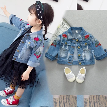 

Floral Print Baby Girls Denim Jackets Autumn Cute Embroidered Kids Outerwears Casual Toddler Girls Clothes Short Coats Vestidos