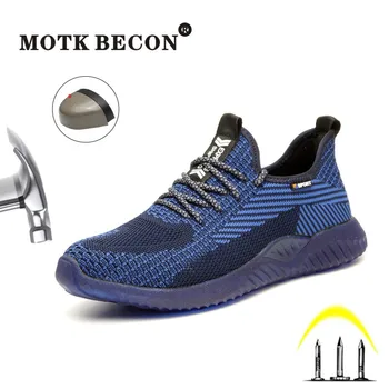 

MOTK BECON Men's Safety Shoes Light Breathable Steel Toe Work Boots Puncture Proof Male Hiking Sneakers Sepatu Safety Pria L02