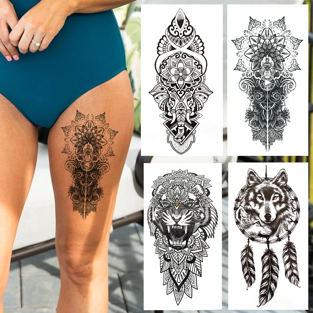 Tatouage Tigre Femme Tatouage Temporaire En Dentelle Pour Femmes Et Hommes, Motif Mandala Noir,  Tigre Sexy, Loup, Attrapeur De Rêves, Plume, Jambe D'éléphant - Tatouages  Éphémères - AliExpress