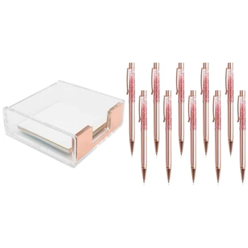 

1 Pcs Clear Rose Gold Self-Stick Note Pad Holders Memo & 10 Pcs Ballpoint Pen Refill Shine Dynamic Liquid Sand Pen