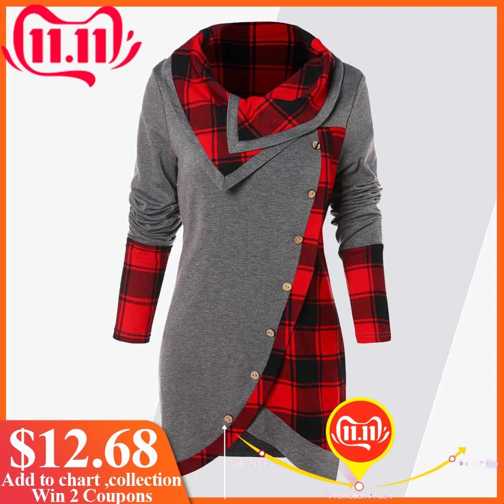 

ROSEGAL Plus Size Women T-Shirt Casual Tartan Panel Long Sleeve Asymmetrical T-Shirts Ladies Tops Tees Female Autumn Pullovers