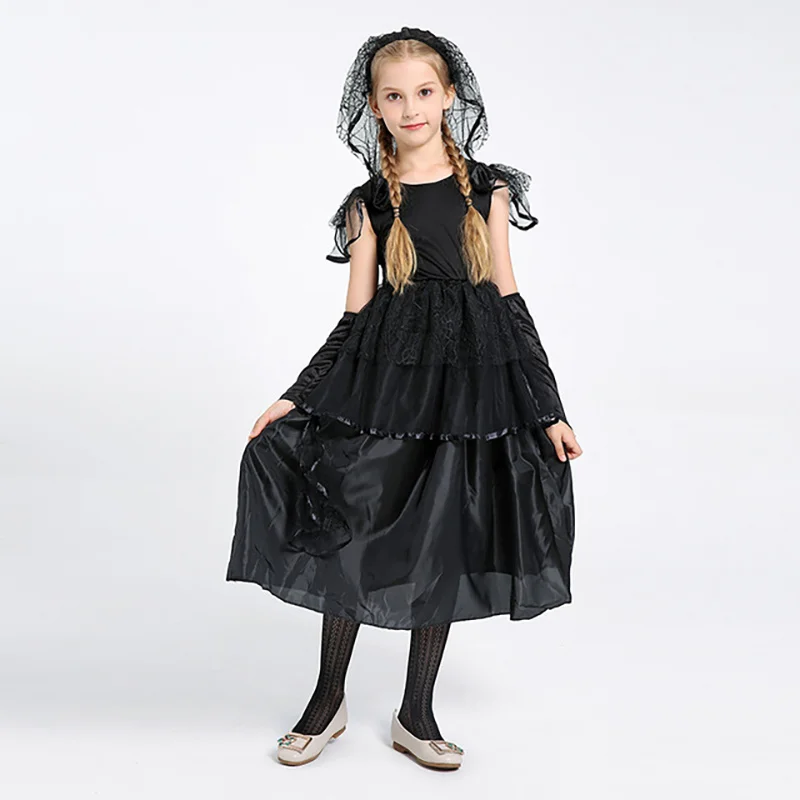 

Halloween Cosplay Children's Clothing Sleeveless O-neck Kids Dresses for Girls with Headwear Black Funny Cartoon Girl's Dress